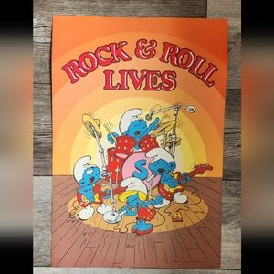 Vintage Peyo Smurf Poster Rock n Roll Lives 1982 Wallace Berrie